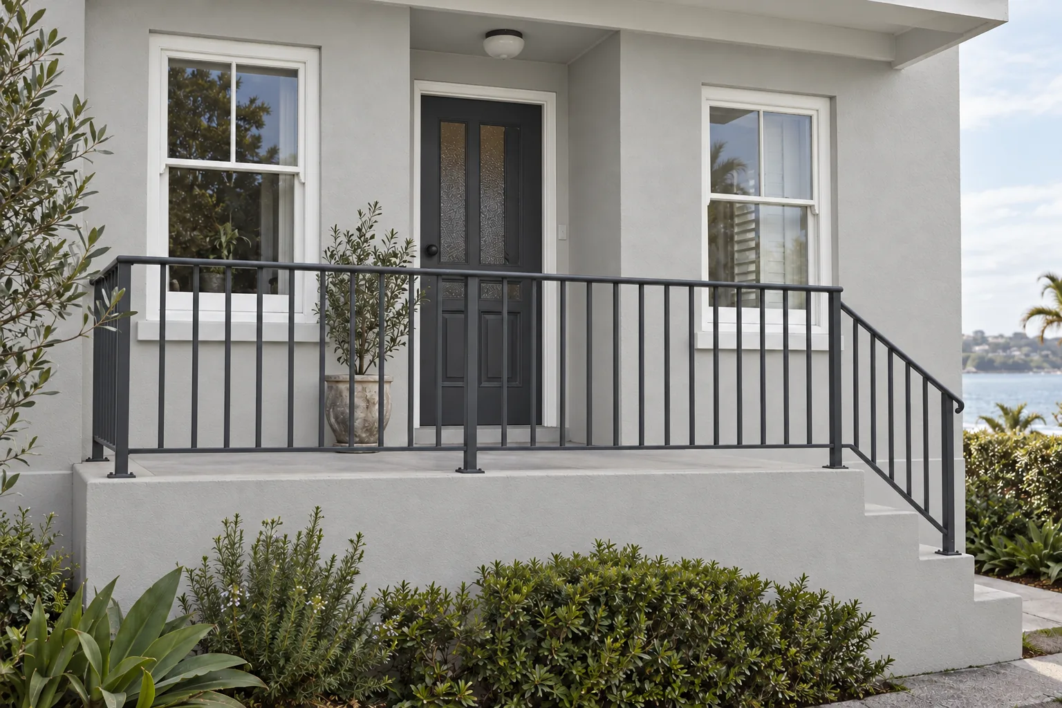 AI-generated hypothetical after view: weathered exterior render repainted pale grey